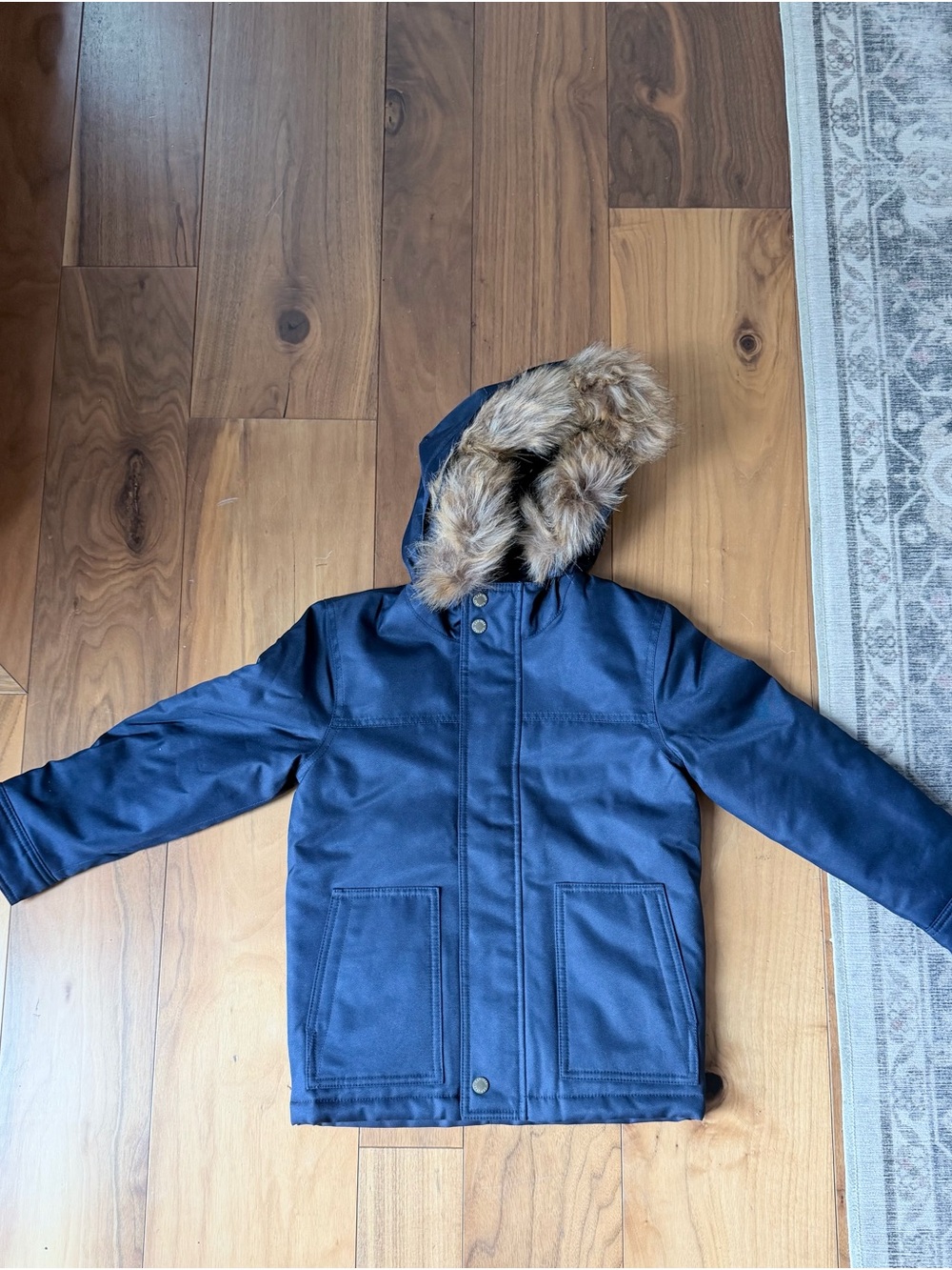 GAP Kids Navy Hooded Puffer Jacket with Faux-Fur Trim